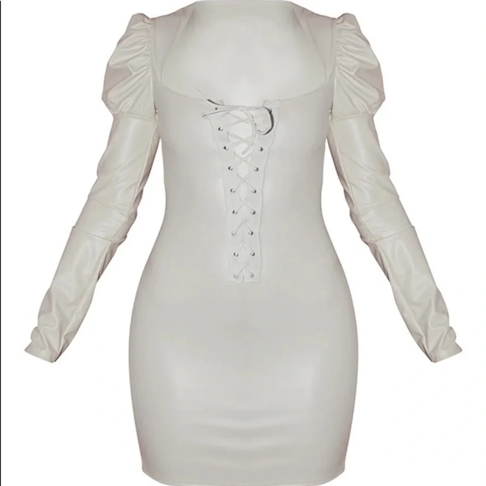 White PU PUFF shoulder Lace up front bodycon dress - Picture 1 of 9